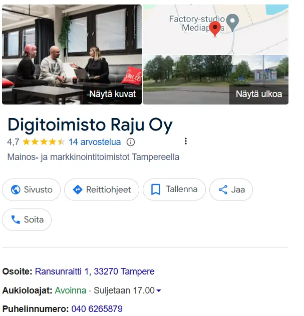 Esimerkki Google -yritysprofiilista. Kuvassa Digitoimisto Rajun yritysprofiili.