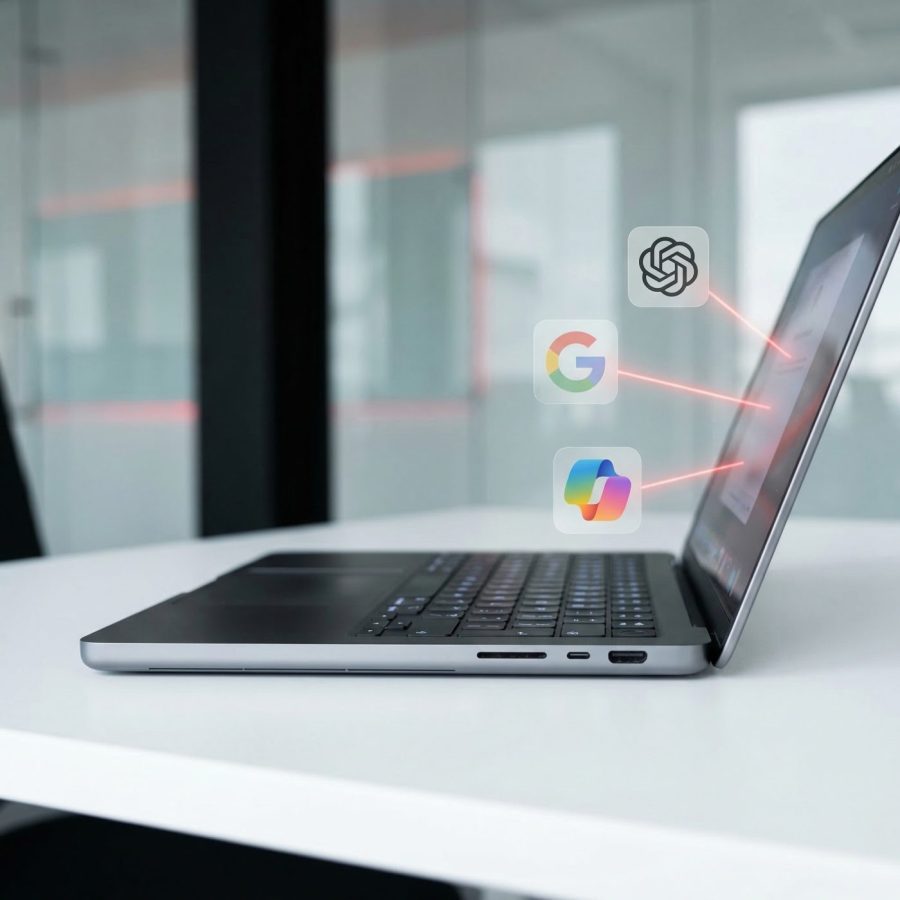 Tietokone, jonka vieressä tekoälykielimallien logoja. 